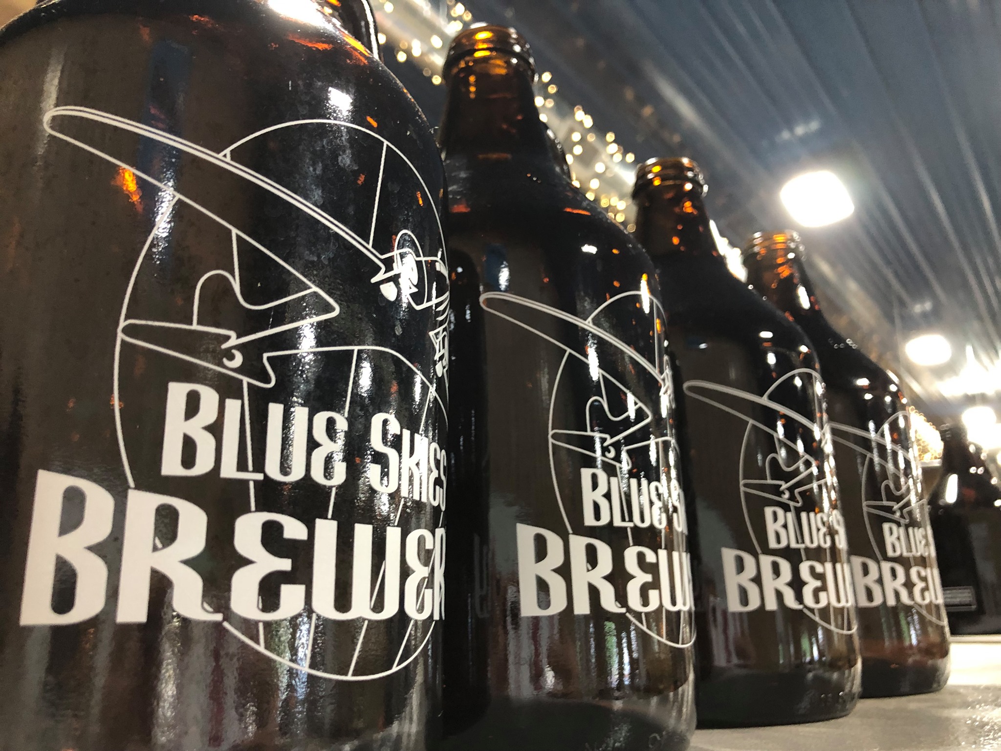 Photo of several Blue Skies Brewery growlers.